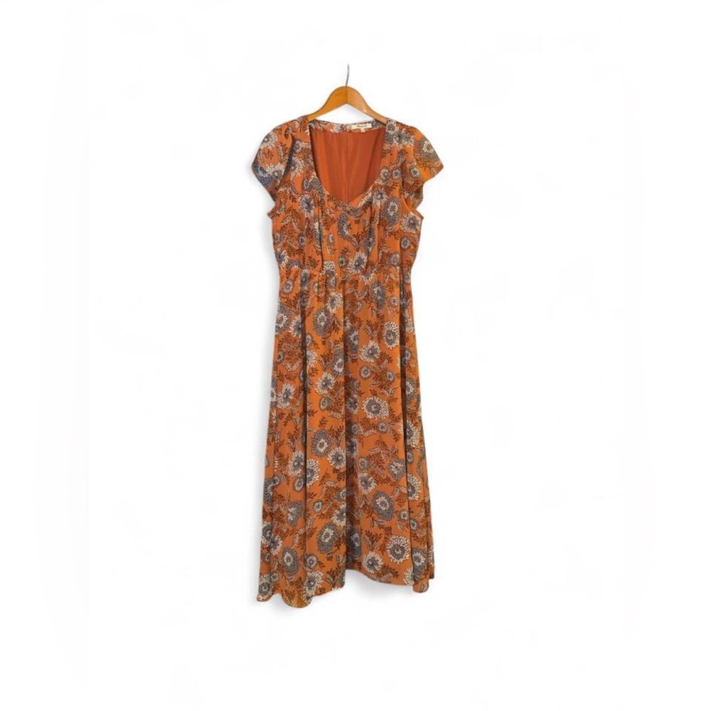 Madewell Midi Dress Button Front Gathered Blooms Rusted Tin Orange Grey White 12
